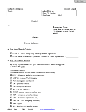 Minnesota Exemption Form for Frozen Bank Funds