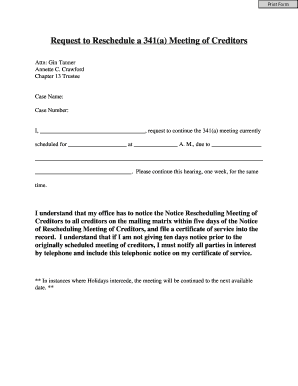 Request to Reschedule 341(a) Meeting of Creditors
