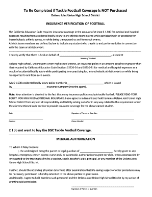 California Football Insurance Verification Form