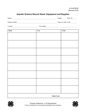 4-H Aquatic Science Equipment and Supplies Record Sheet