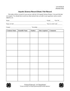 4-H Aquatic Science Fish Record Sheet