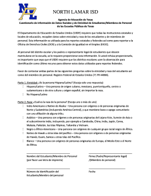 Cuestionario de Información de Datos Raciales y de Etnicidad de Estudiantes/Miembros de Personal