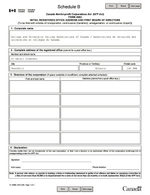 Canada Not-for-Profit Corporation Initial Registered Office Address and First Board of Directors Form 4002
