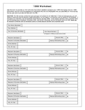 1099 Information Return Worksheet