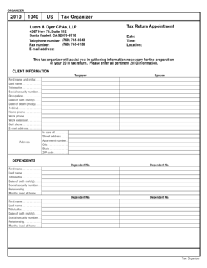 2010 1040 US Tax Organizer