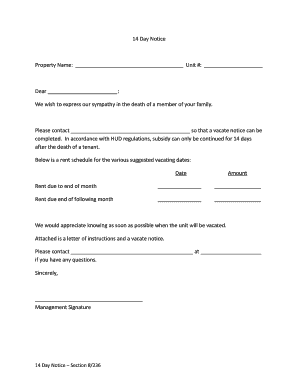 14 Day Notice for Tenant Death