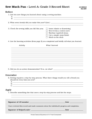 4-H Grade 3 Sewing Record Sheet