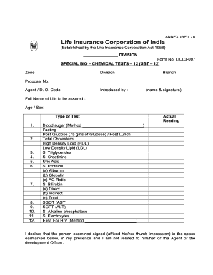 LIC Special Bio-Chemical Test Form