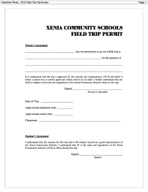 Xenia Community Schools Field Trip Permit