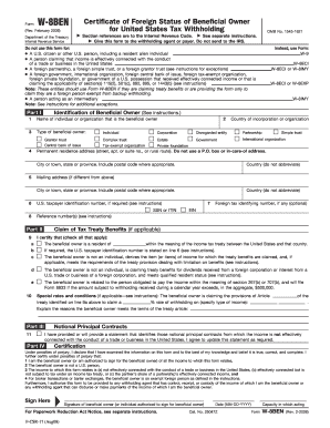 Form W-8BEN Certificate of Foreign Status of Beneficial Owner