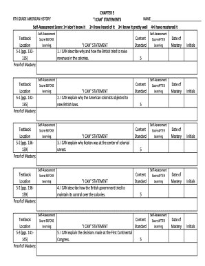 8th Grade American History Self-Assessment Form