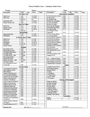Sierra Foothills Area Literature Order Form