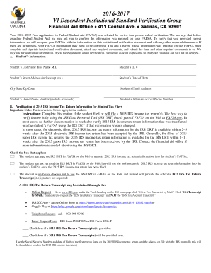 2016-2017 Dependent Institutional Verification Form