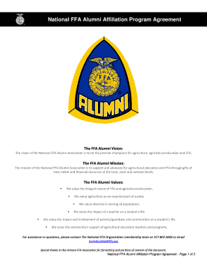 National FFA Alumni Affiliation Program Agreement The FFA Alumni Vision: The vision of the National FFA Alumni Association is to be the premier champions for agriculture, agricultural education and FFA - agriculturaleducation