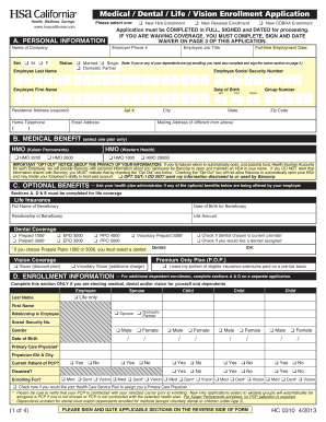 California Medical Dental Life Vision Enrollment Application