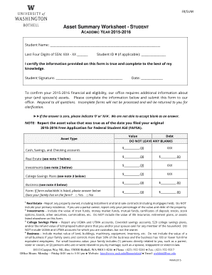 Student Asset Summary Worksheet