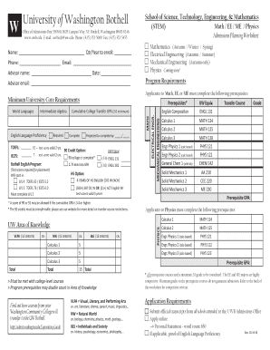 University of Washington Bothell STEM Admissions Planning Worksheet