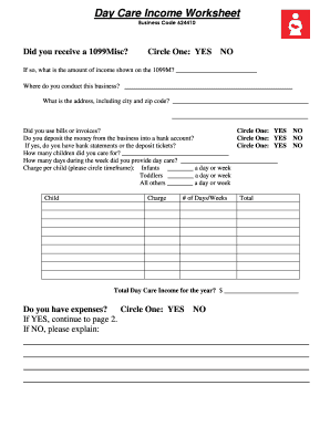 Day Care Income and Expense Worksheet