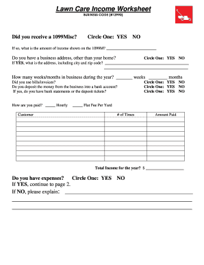Lawn Care Income and Expense Worksheet