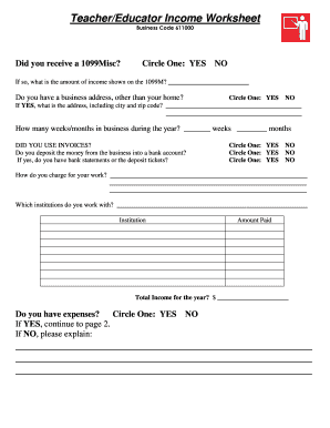 Teacher Income and Expense Worksheet