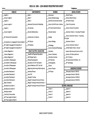2015-16 10th - 12th Grade Registration Sheet