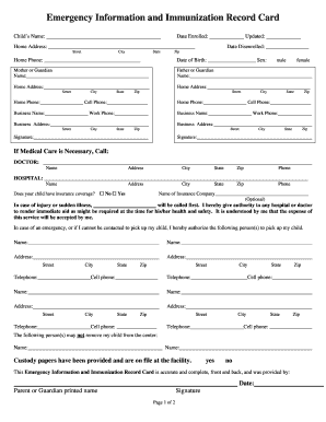 Emergency Information and Immunization Record Card