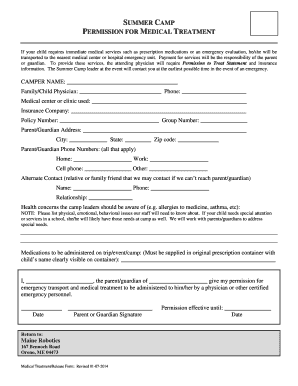 Summer Camp Medical Treatment Permission Form