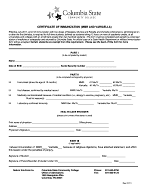 Certificate of Immunization (MMR and Varicella)