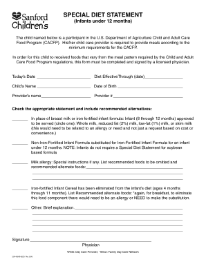 Special Diet Statement for Infants