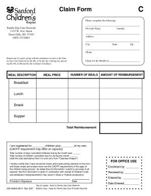 Child Care Meal Reimbursement Claim Form
