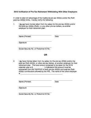 2016 Pre-Tax Retirement Withholding Verification Form