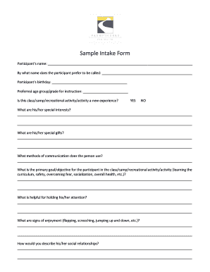 Sample Intake Form for Autism Programs