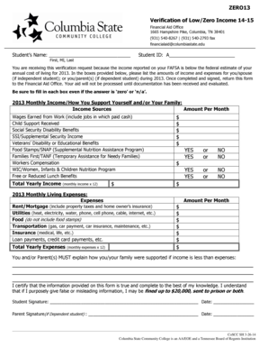 Verification of Low/Zero Income Form