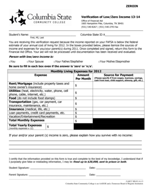 Verification of Low/Zero Income Form