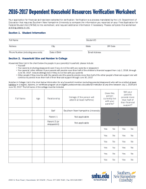 2016-2017 Dependent Household Resources Verification Worksheet