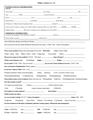Patient Intake Form for Physical Therapy