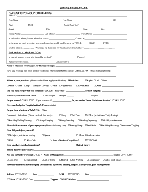 Patient Intake Form for Physical Therapy