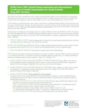 APHIS Form 7001 Health Certificate for Small Animals