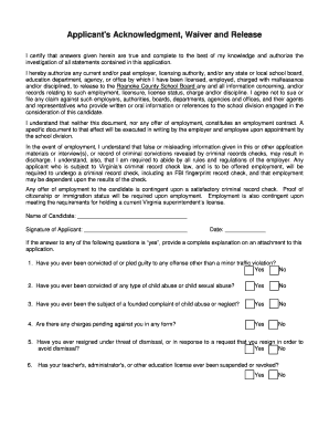 Applicant's Acknowledgment Waiver and Release