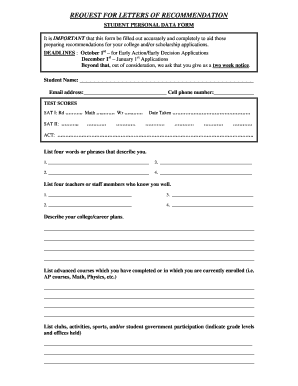 Student Personal Data Form for Letters of Recommendation