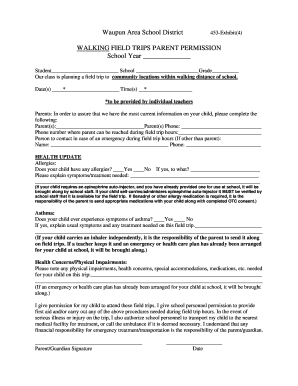 Waupun Area School District Walking Field Trip Parent Permission