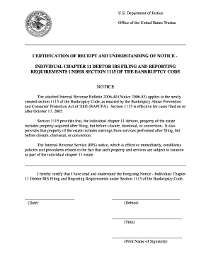 Chapter 11 Debtor IRS Filing Certification