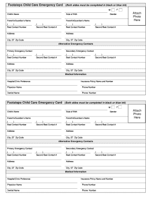 Footsteps Child Care Emergency Card