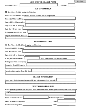 Child Care Program Add Drop Change Form