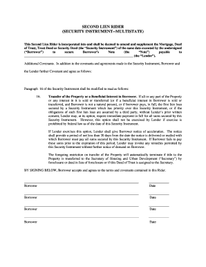 SECOND LIEN RIDER bSECURITYb INSTRUMENT--MULTISTATE