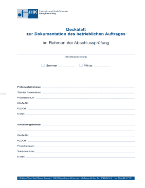 Deckblatt zur Dokumentation des betrieblichen Auftrages