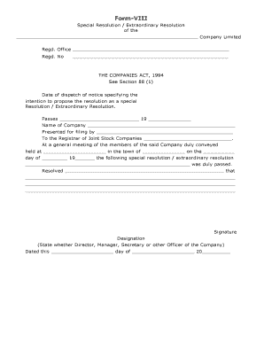 Special Resolution Form VIII