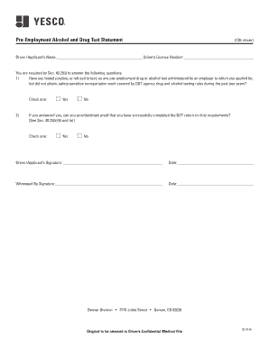 Pre-Employment Alcohol and Drug Test Statement
