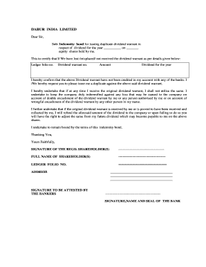 Indemnity Bond for Duplicate Dividend Warrant