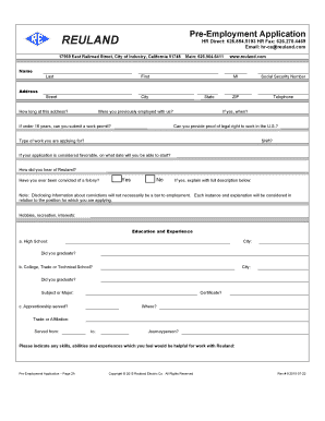 Reuland Pre-Employment Application